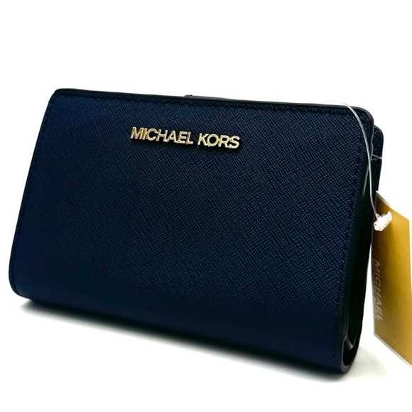 Michael Kors Medium Bifold Zip Chain Wallet Navy Blue - Picture 1 of 8